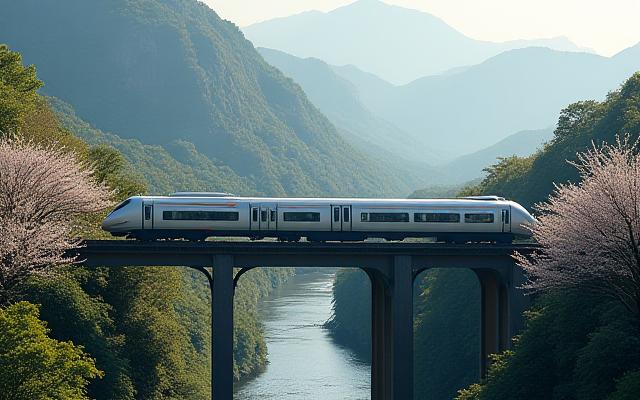 美しい風景の中を走る列車とデザイン